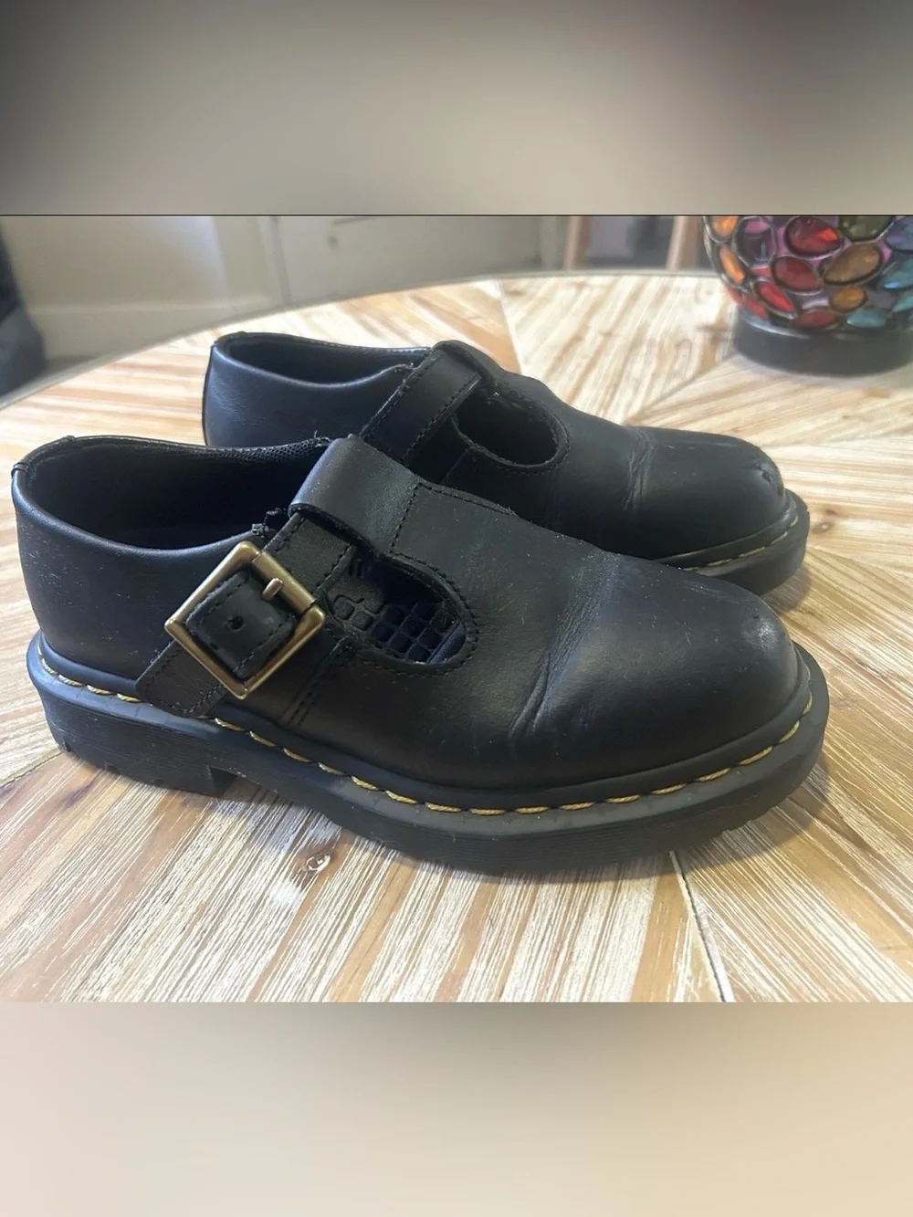 Dr. Martens Kids Black Leather T-Bar Mary Jane Shoes with Brass Buckle